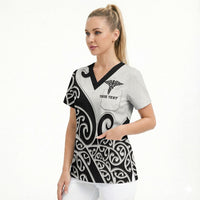 Personalised New Zealand Nurse Scrub Top Maori Koru Black Version