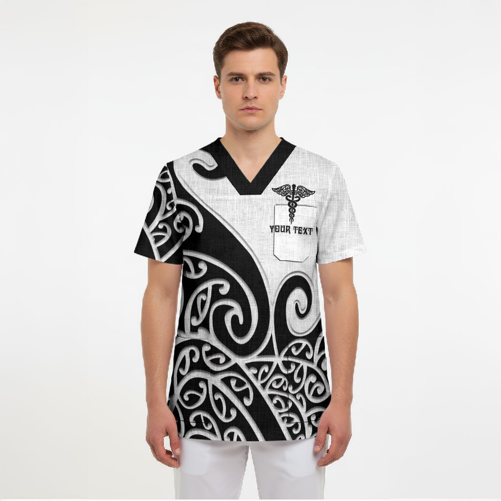 Personalised New Zealand Nurse Scrub Top Maori Koru Black Version