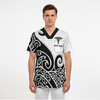 Personalised New Zealand Nurse Scrub Top Maori Koru Black Version