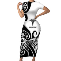 Personalised New Zealand Nurse Short Sleeve Bodycon Dress Maori Koru Black Version LT05 Long Dress Black - Polynesian Pride