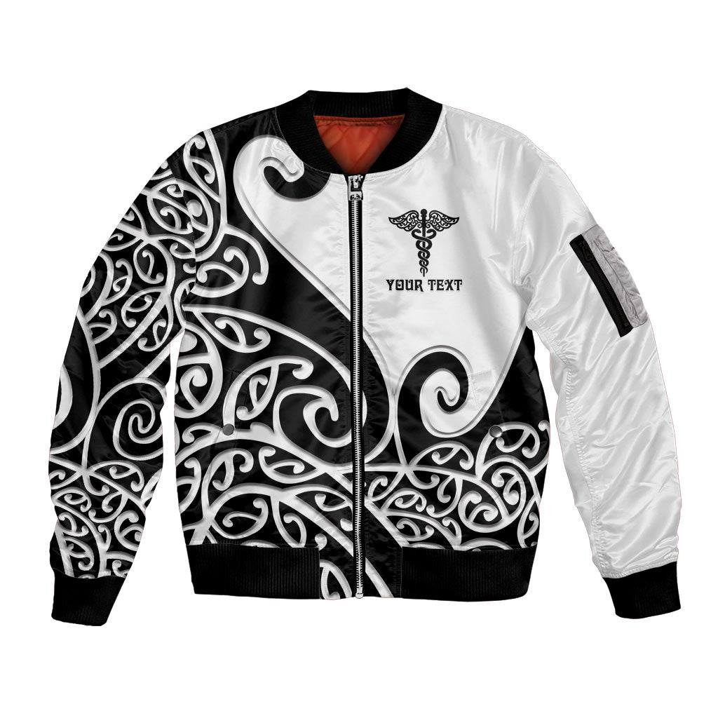Personalised New Zealand Nurse Sleeve Zip Bomber Jacket Maori Koru Black Version LT05 Unisex Black - Polynesian Pride