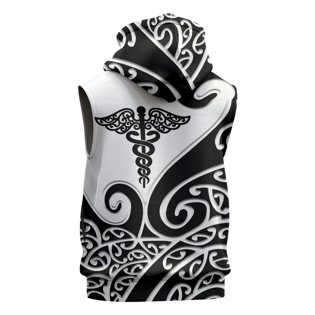 Personalised New Zealand Nurse Sleeveless Zip Hoodie Maori Koru Black Version