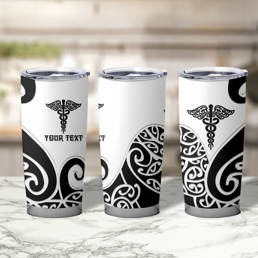 Personalised New Zealand Nurse Tumbler Cup Maori Koru Black Version