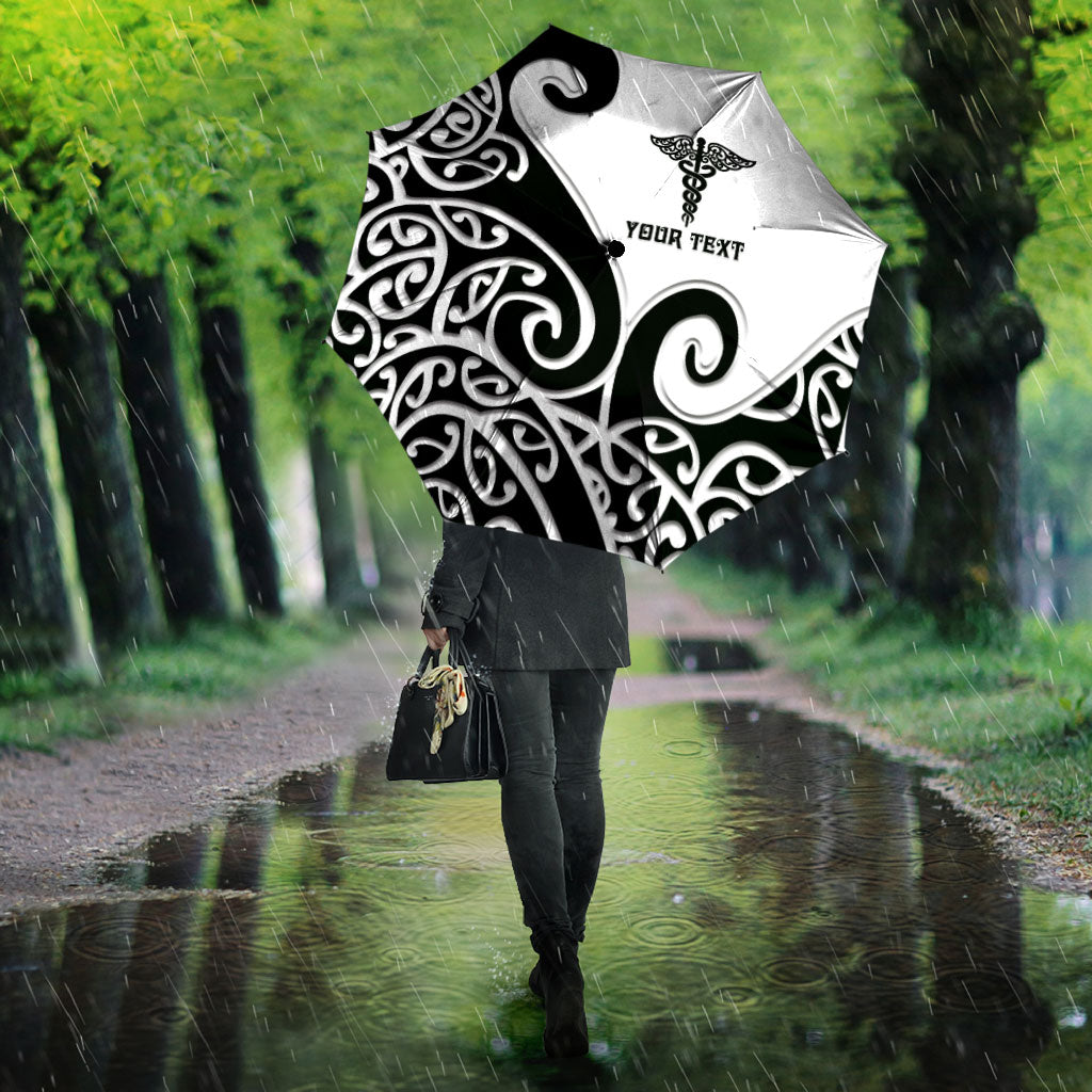 Personalised New Zealand Nurse Umbrella Maori Koru Black Version