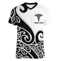 Personalised New Zealand Nurse Women V-Neck T-Shirt Maori Koru Black Version LT05 Female Black - Polynesian Pride