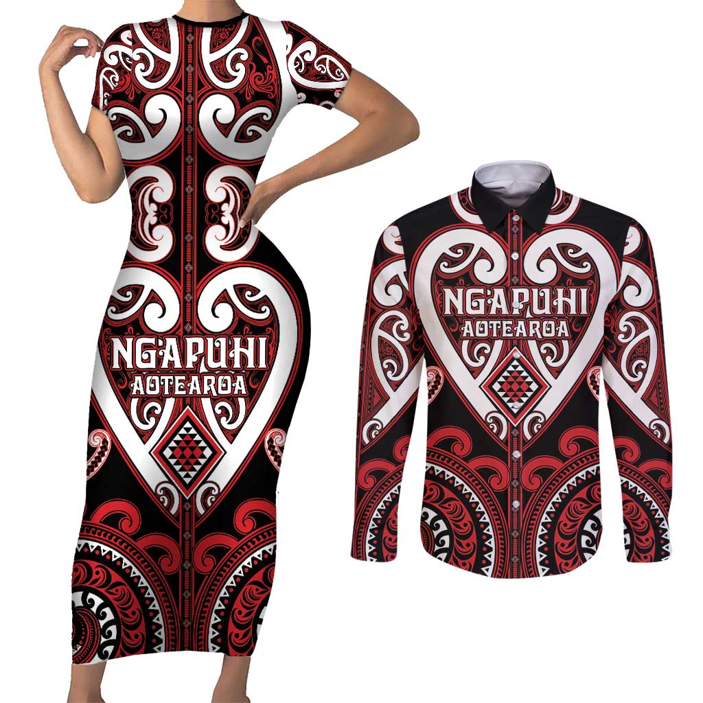 Custom Aotearoa Ngapuhi Couples Matching Short Sleeve Bodycon Dress and Long Sleeve Button Shirt Maori Tribal Pattern
