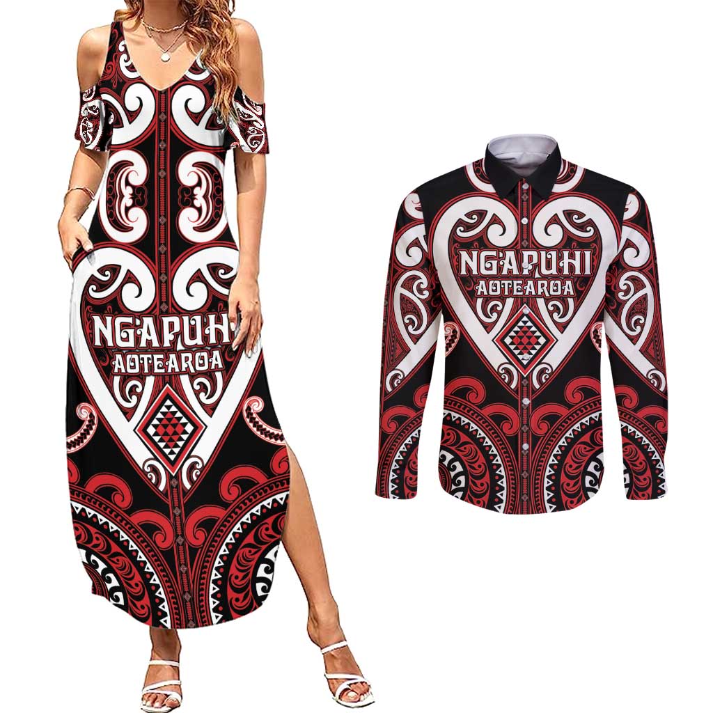 Custom Aotearoa Ngapuhi Couples Matching Summer Maxi Dress and Long Sleeve Button Shirt Maori Tribal Pattern