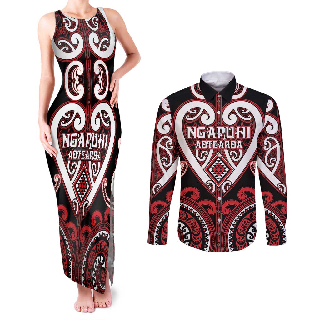 Custom Aotearoa Ngapuhi Couples Matching Tank Maxi Dress and Long Sleeve Button Shirt Maori Tribal Pattern