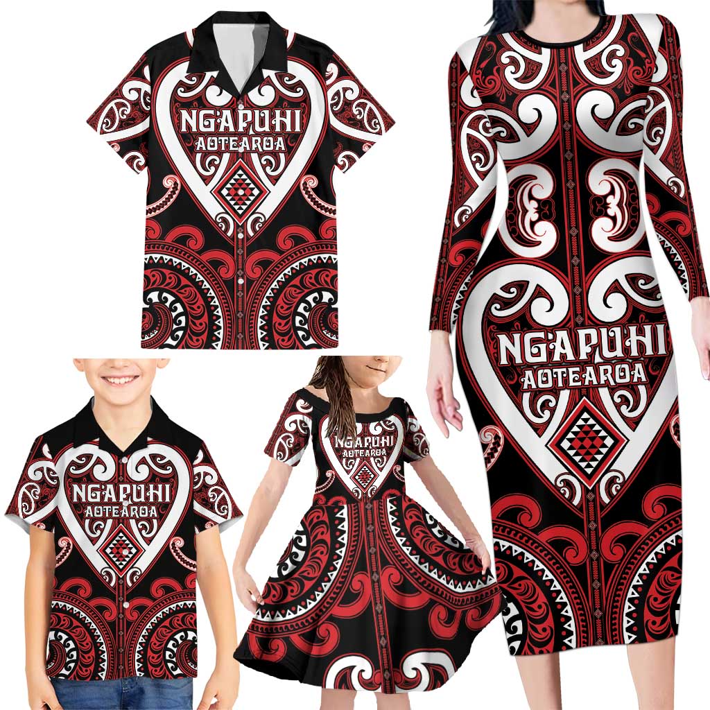 Custom Aotearoa Ngapuhi Family Matching Long Sleeve Bodycon Dress and Hawaiian Shirt Maori Tribal Pattern