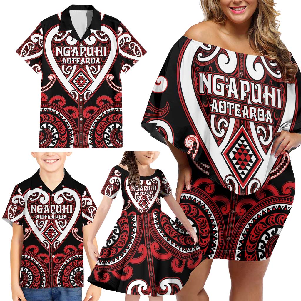 Custom Aotearoa Ngapuhi Family Matching Off Shoulder Short Dress and Hawaiian Shirt Maori Tribal Pattern