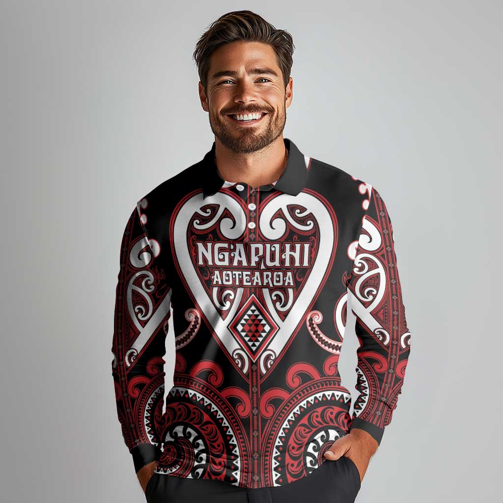 Custom Aotearoa Ngapuhi Long Sleeve Polo Shirt Maori Tribal Pattern
