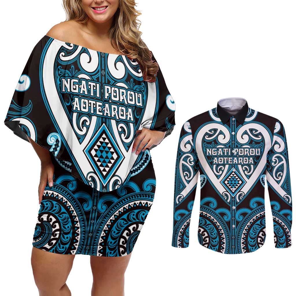 Custom Aotearoa Ngati Porou Couples Matching Off Shoulder Short Dress and Long Sleeve Button Shirt Maori Tribal Pattern