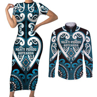 Custom Aotearoa Ngati Porou Couples Matching Short Sleeve Bodycon Dress and Long Sleeve Button Shirt Maori Tribal Pattern