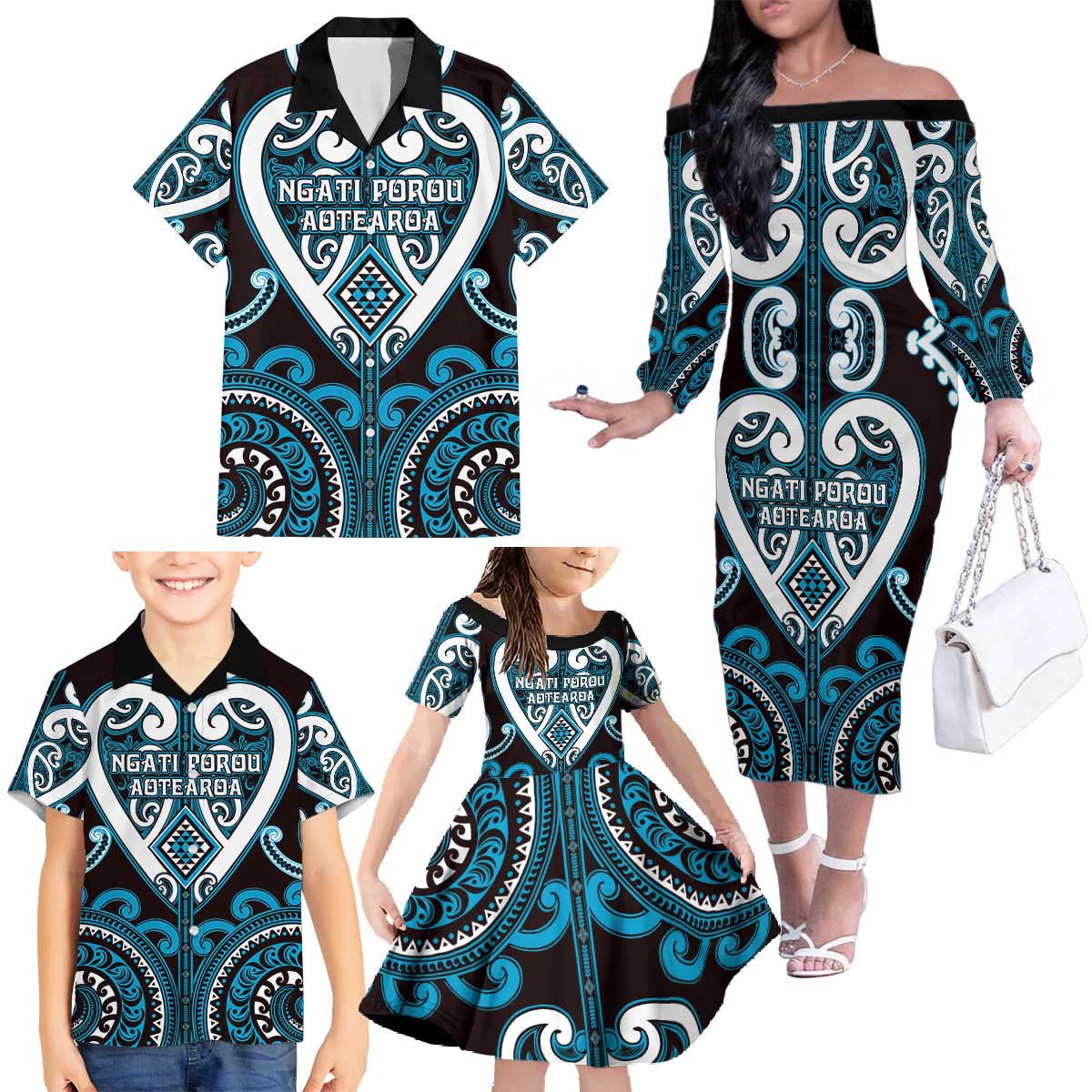 Custom Aotearoa Ngati Porou Family Matching Off The Shoulder Long Sleeve Dress and Hawaiian Shirt Maori Tribal Pattern