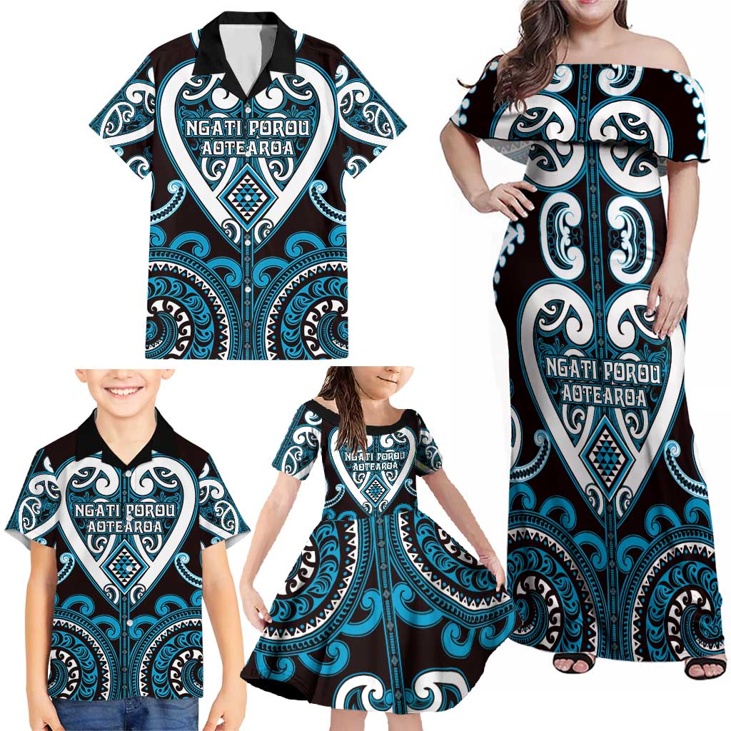 Custom Aotearoa Ngati Porou Family Matching Off Shoulder Maxi Dress and Hawaiian Shirt Maori Tribal Pattern