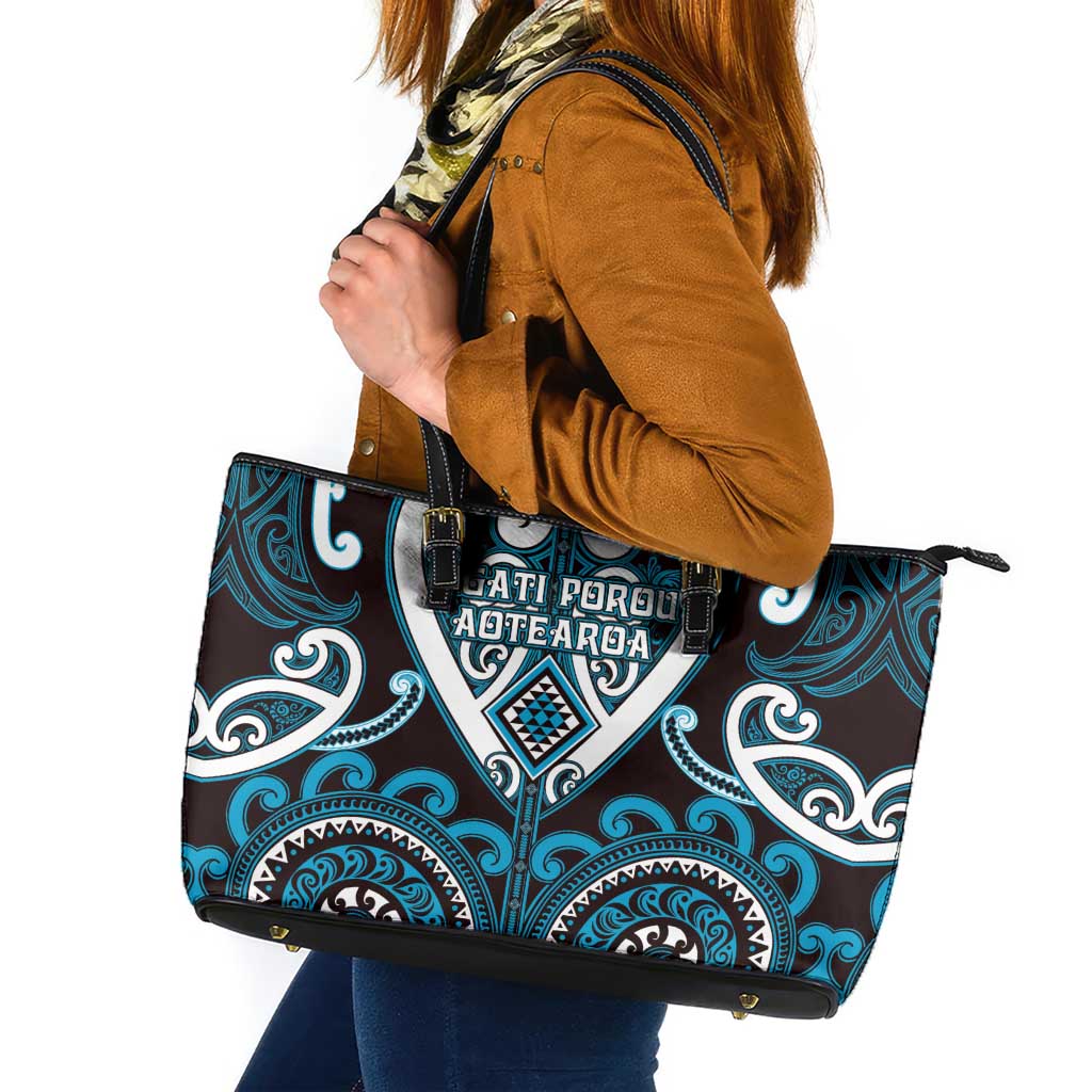 Aotearoa Ngati Porou Leather Tote Bag Maori Tribal Pattern LT05 Blue - Polynesian Pride