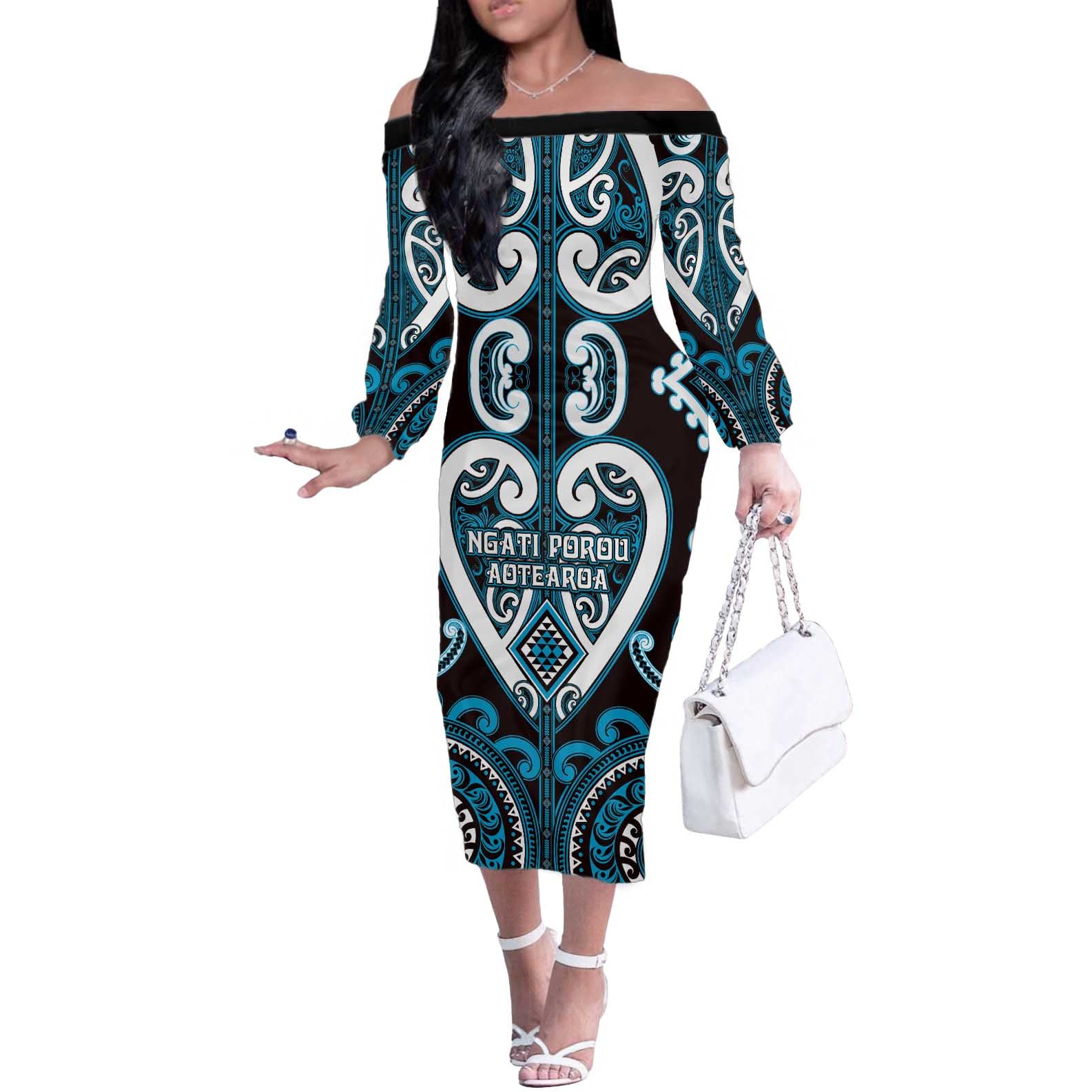 Custom Aotearoa Ngati Porou Off The Shoulder Long Sleeve Dress Maori Tribal Pattern