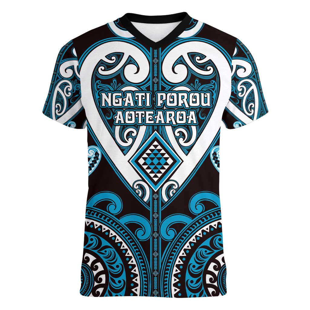 Custom Aotearoa Ngati Porou Women V-Neck T-Shirt Maori Tribal Pattern LT05 Female Blue - Polynesian Pride