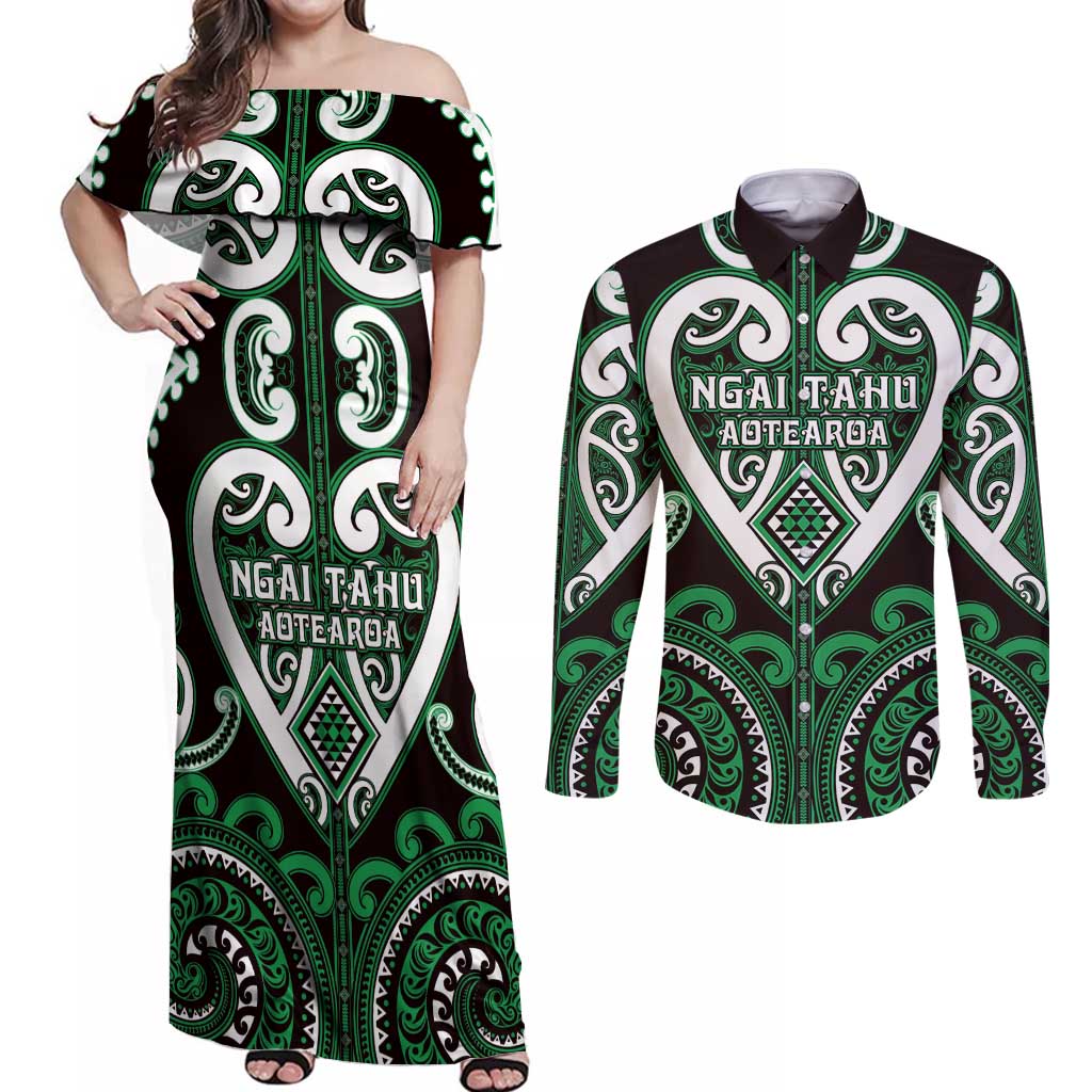 Custom Aotearoa Ngai Tahu Couples Matching Off Shoulder Maxi Dress and Long Sleeve Button Shirt Maori Tribal Pattern