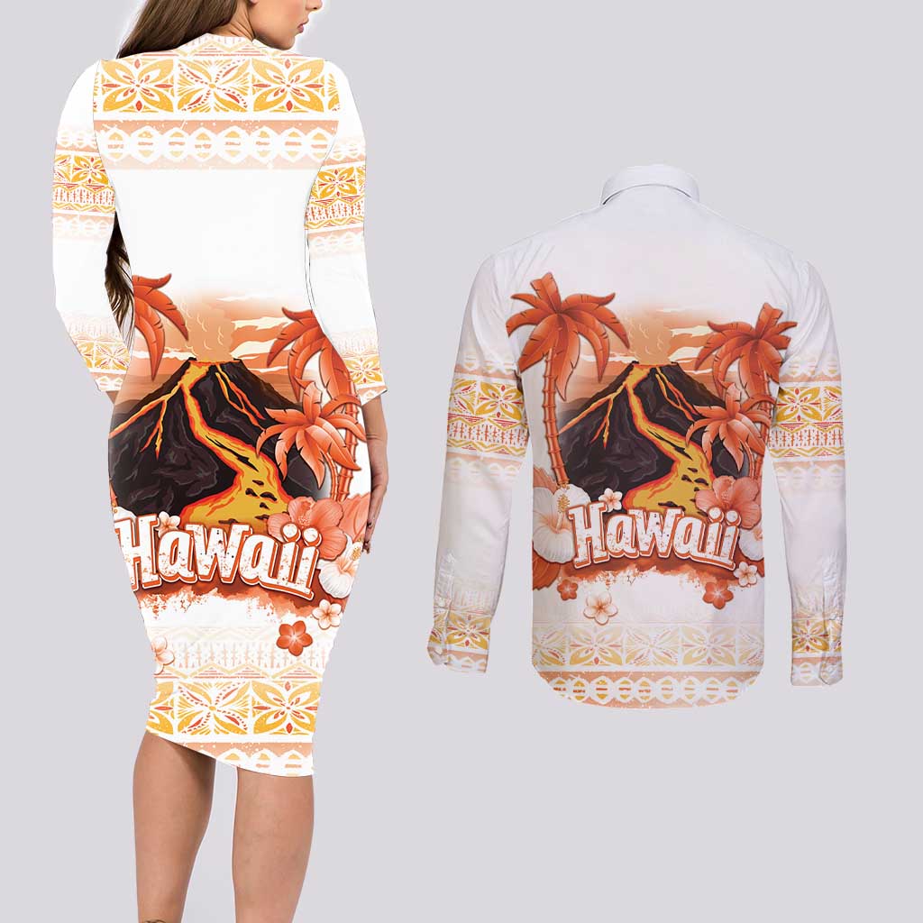 Hawaiian Volcano Lava Flow Couples Matching Long Sleeve Bodycon Dress and Long Sleeve Button Shirt With Hawaiian Tapa Pattern