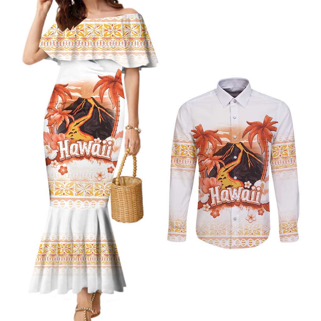 Hawaiian Volcano Lava Flow Couples Matching Mermaid Dress and Long Sleeve Button Shirt With Hawaiian Tapa Pattern