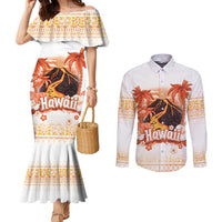 Hawaiian Volcano Lava Flow Couples Matching Mermaid Dress and Long Sleeve Button Shirt With Hawaiian Tapa Pattern