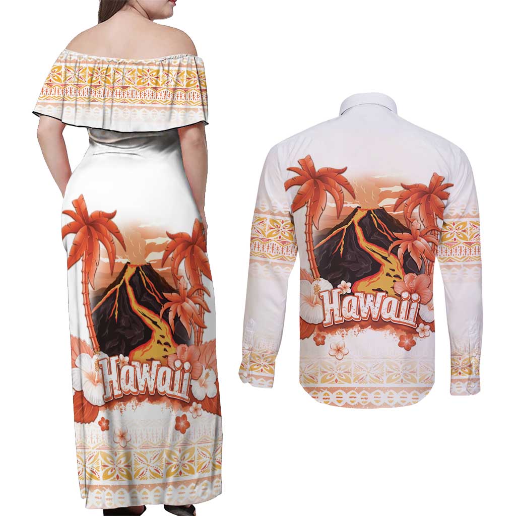 Hawaiian Volcano Lava Flow Couples Matching Off Shoulder Maxi Dress and Long Sleeve Button Shirt With Hawaiian Tapa Pattern