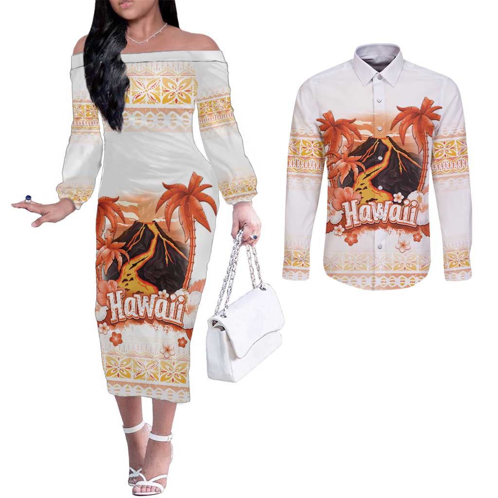 Hawaiian Volcano Lava Flow Couples Matching Off The Shoulder Long Sleeve Dress and Long Sleeve Button Shirt With Hawaiian Tapa Pattern