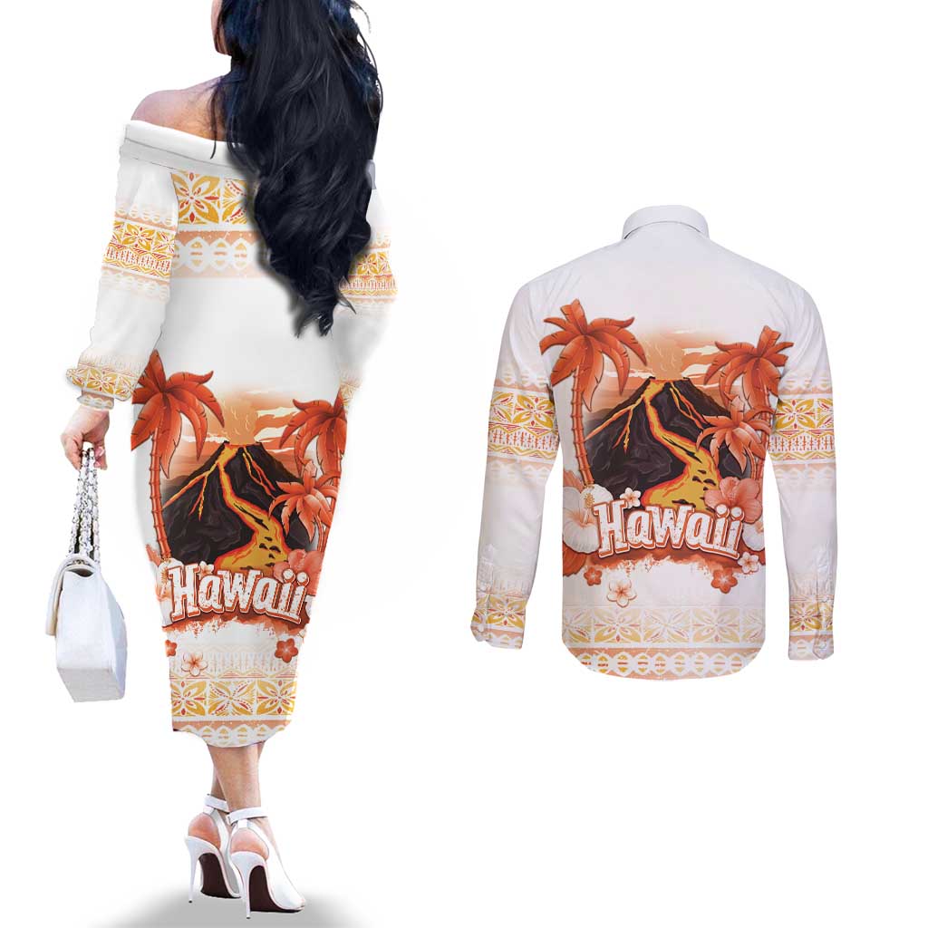 Hawaiian Volcano Lava Flow Couples Matching Off The Shoulder Long Sleeve Dress and Long Sleeve Button Shirt With Hawaiian Tapa Pattern
