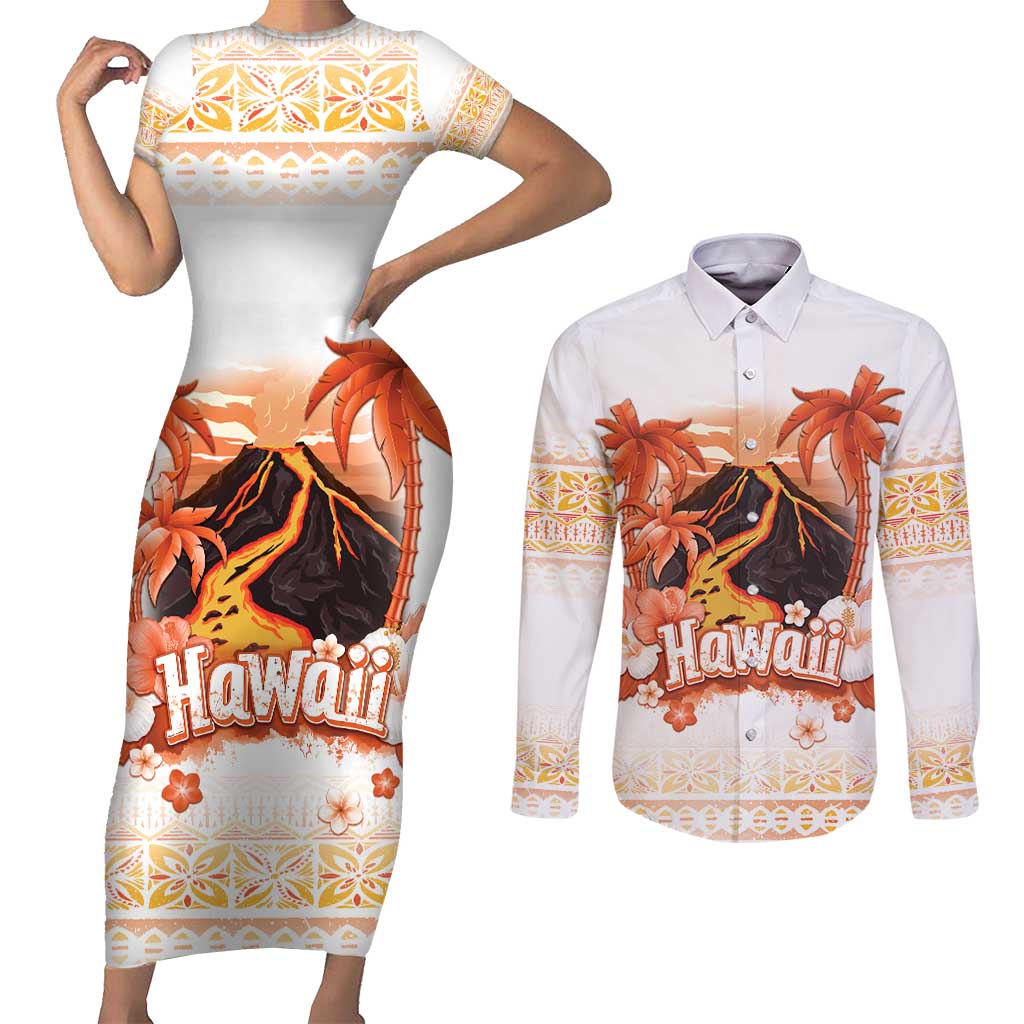 Hawaiian Volcano Lava Flow Couples Matching Short Sleeve Bodycon Dress and Long Sleeve Button Shirt With Hawaiian Tapa Pattern