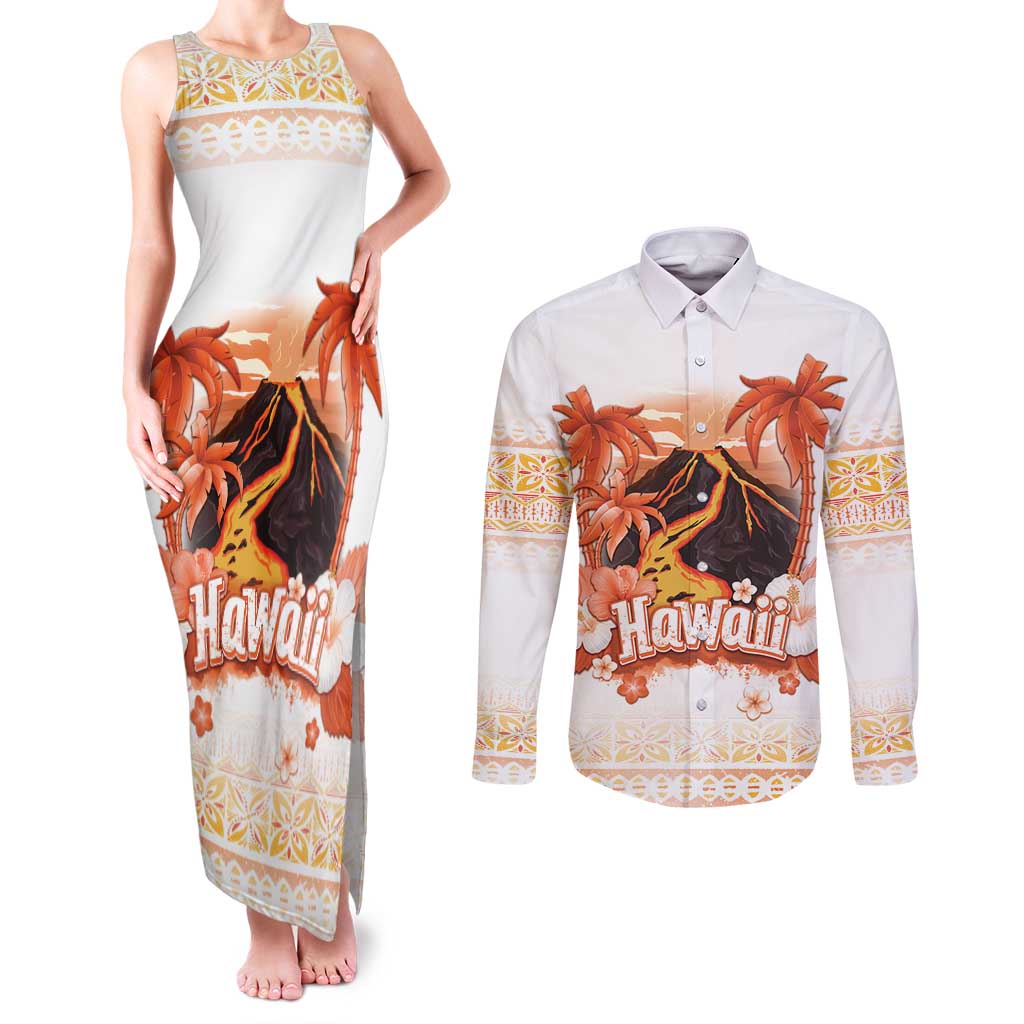 Hawaiian Volcano Lava Flow Couples Matching Tank Maxi Dress and Long Sleeve Button Shirt With Hawaiian Tapa Pattern