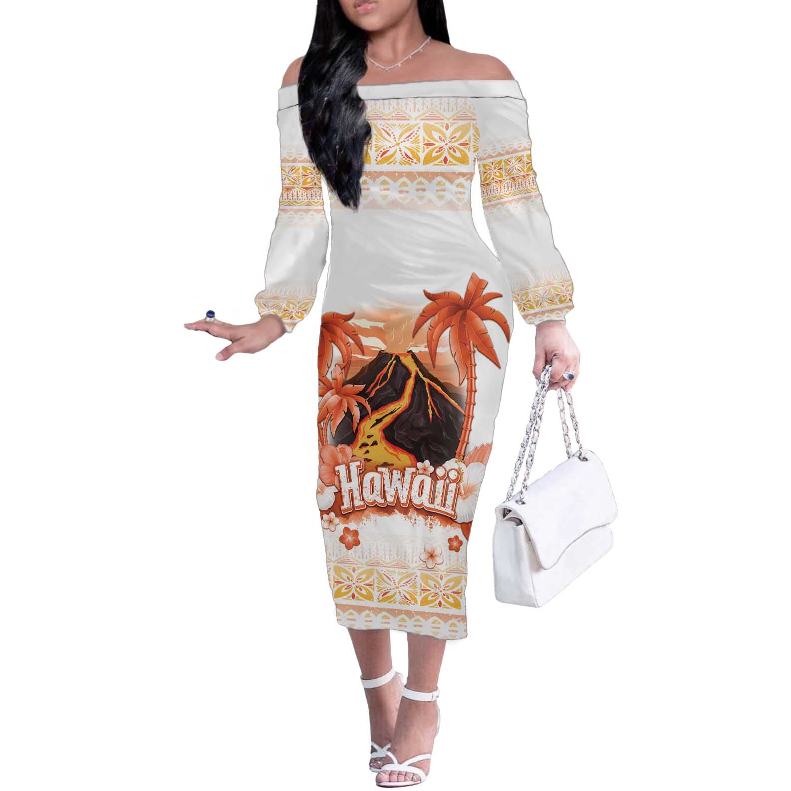 Hawaiian Volcano Lava Flow Off The Shoulder Long Sleeve Dress With Hawaiian Tapa Pattern