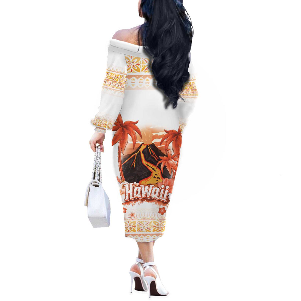 Hawaiian Volcano Lava Flow Off The Shoulder Long Sleeve Dress With Hawaiian Tapa Pattern