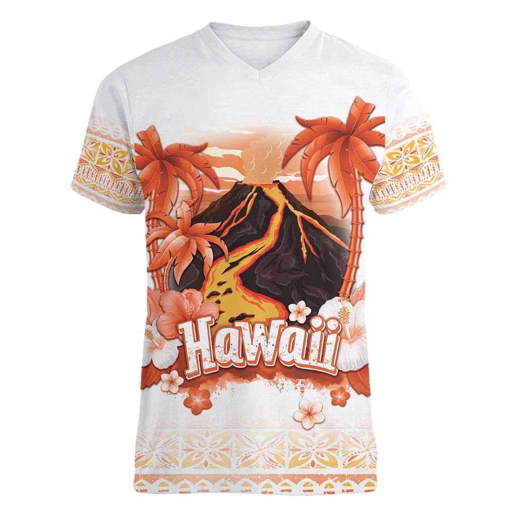 Hawaiian Volcano Lava Flow Women V-Neck T-Shirt With Hawaiian Tapa Pattern LT05 Female Orange - Polynesian Pride