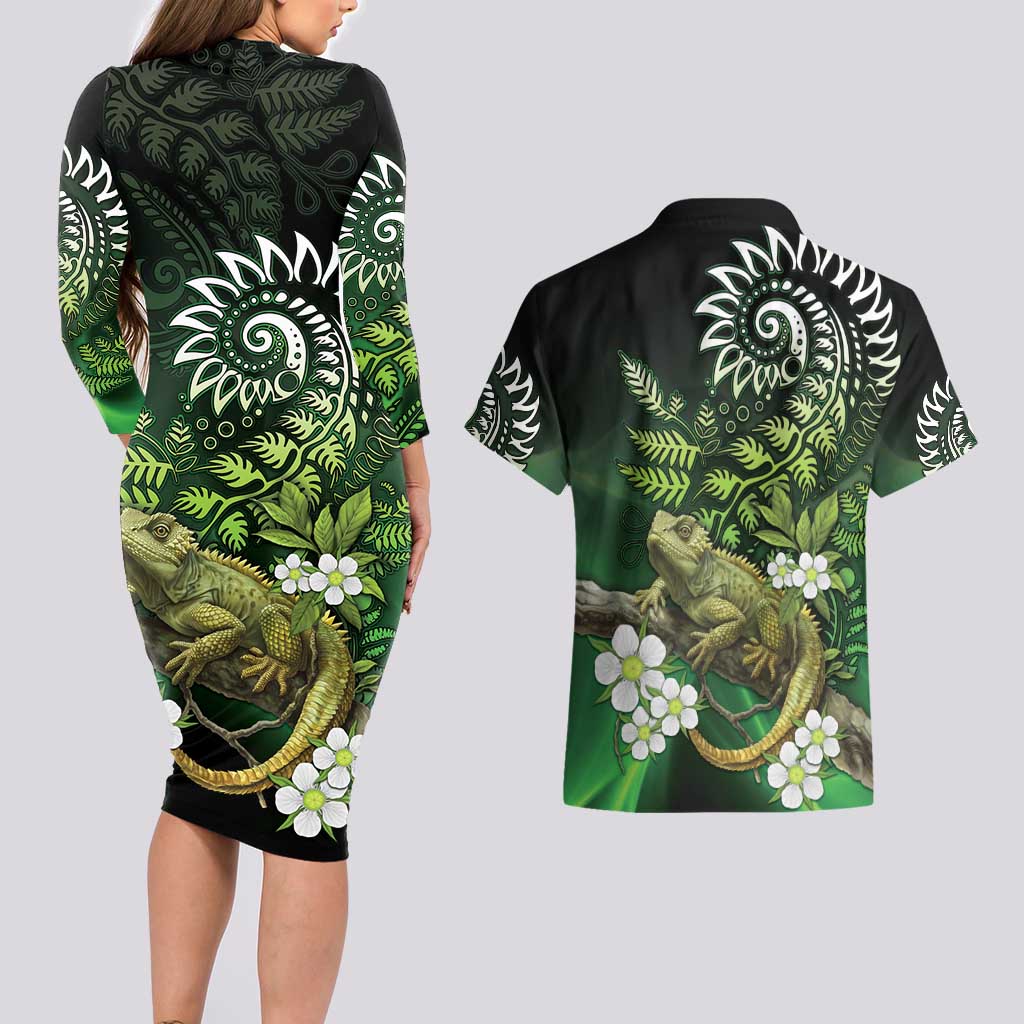 Aotearoa New Zealand Tuatara Couples Matching Long Sleeve Bodycon Dress and Hawaiian Shirt Maori Koru Art