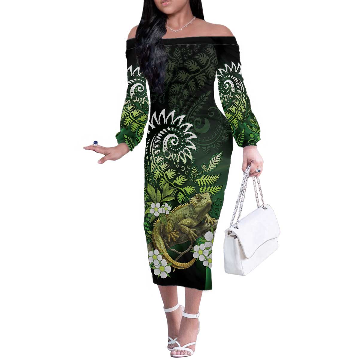 Aotearoa New Zealand Tuatara Family Matching Off The Shoulder Long Sleeve Dress and Hawaiian Shirt Maori Koru Art