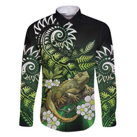 Aotearoa New Zealand Tuatara Family Matching Off Shoulder Maxi Dress and Hawaiian Shirt Maori Koru Art LT05 Dad's Shirt - Long Sleeve Green - Polynesian Pride