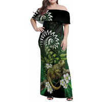 Aotearoa New Zealand Tuatara Family Matching Off Shoulder Maxi Dress and Hawaiian Shirt Maori Koru Art LT05 Mom's Dress Green - Polynesian Pride