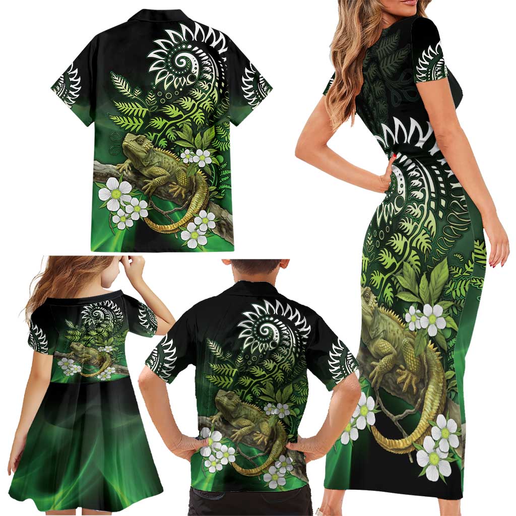 Aotearoa New Zealand Tuatara Family Matching Short Sleeve Bodycon Dress and Hawaiian Shirt Maori Koru Art LT05 - Polynesian Pride