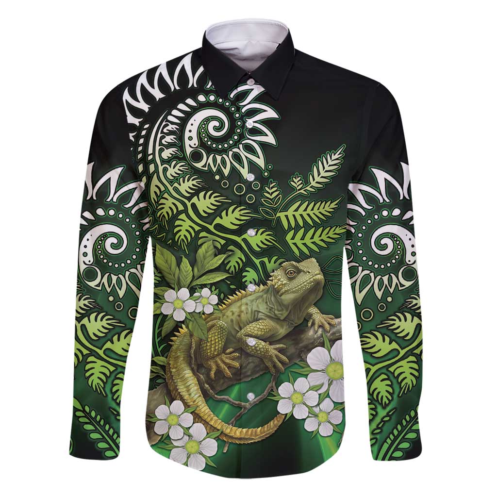 Aotearoa New Zealand Tuatara Family Matching Summer Maxi Dress and Hawaiian Shirt Maori Koru Art LT05 Dad's Shirt - Long Sleeve Green - Polynesian Pride