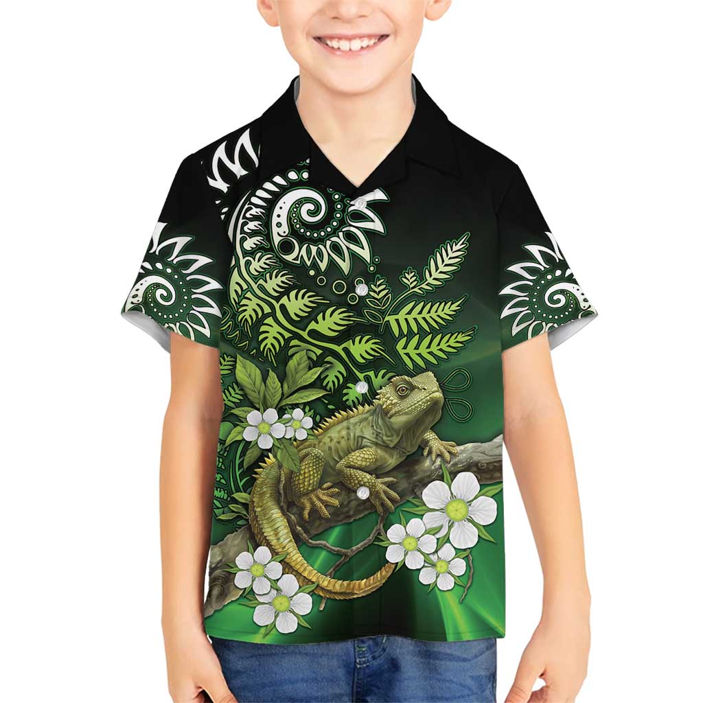 Aotearoa New Zealand Tuatara Family Matching Tank Maxi Dress and Hawaiian Shirt Maori Koru Art LT05 Son's Shirt Green - Polynesian Pride