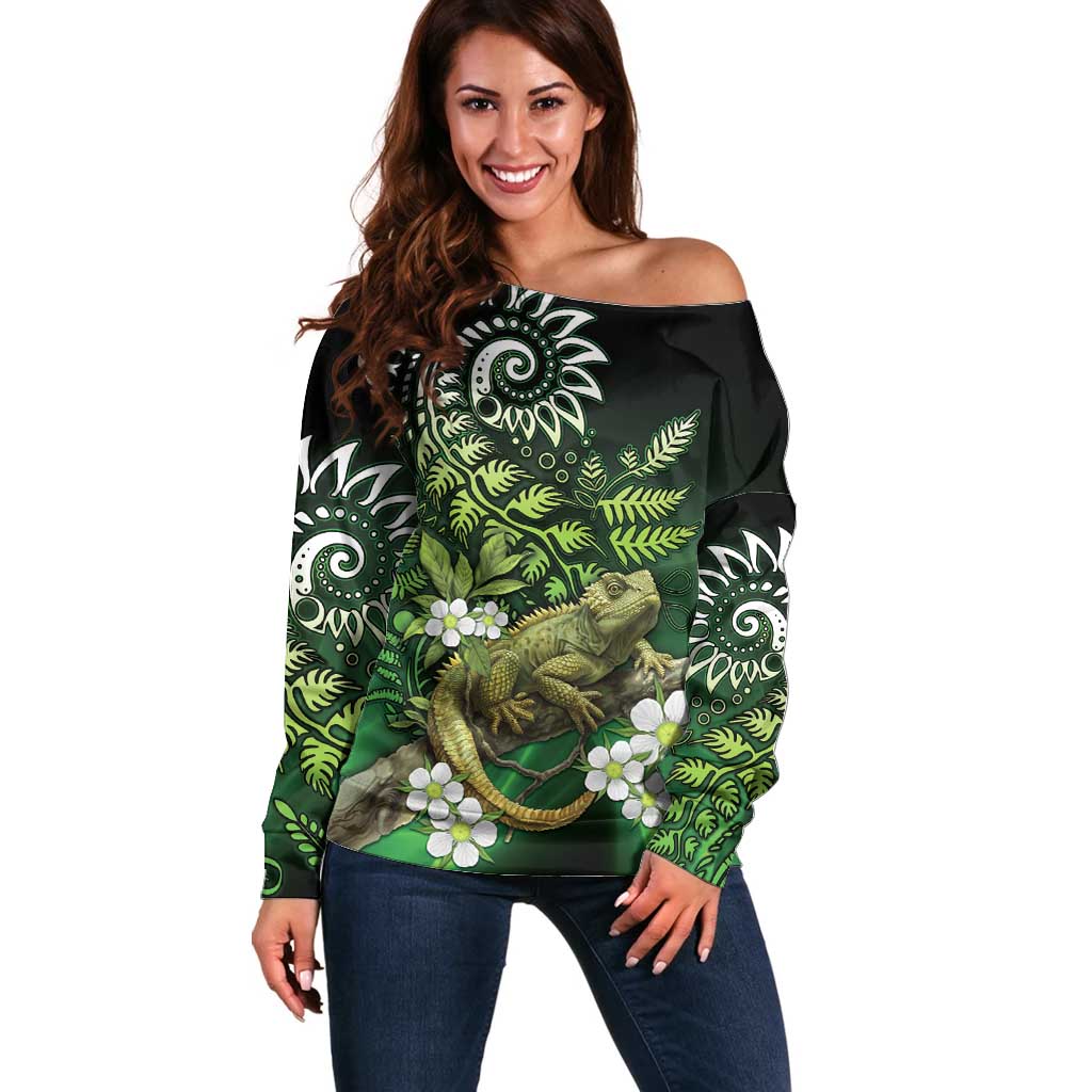 Aotearoa New Zealand Tuatara Off Shoulder Sweater Maori Koru Art