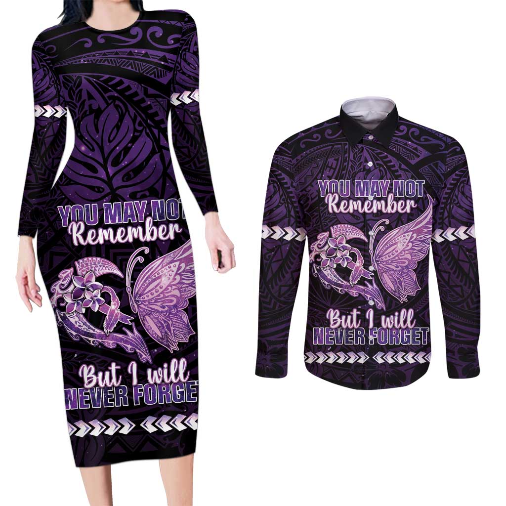 Personalised Alzheimer's Awareness Couples Matching Long Sleeve Bodycon Dress and Long Sleeve Button Shirt You May Not Remember But I Will Never Forget