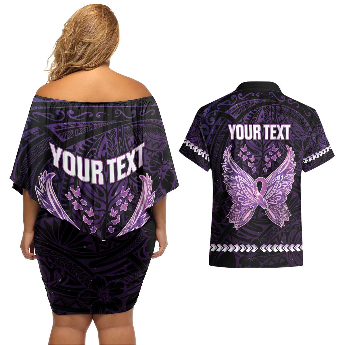 Personalised Alzheimer's Awareness Couples Matching Off Shoulder Short Dress and Hawaiian Shirt You May Not Remember But I Will Never Forget