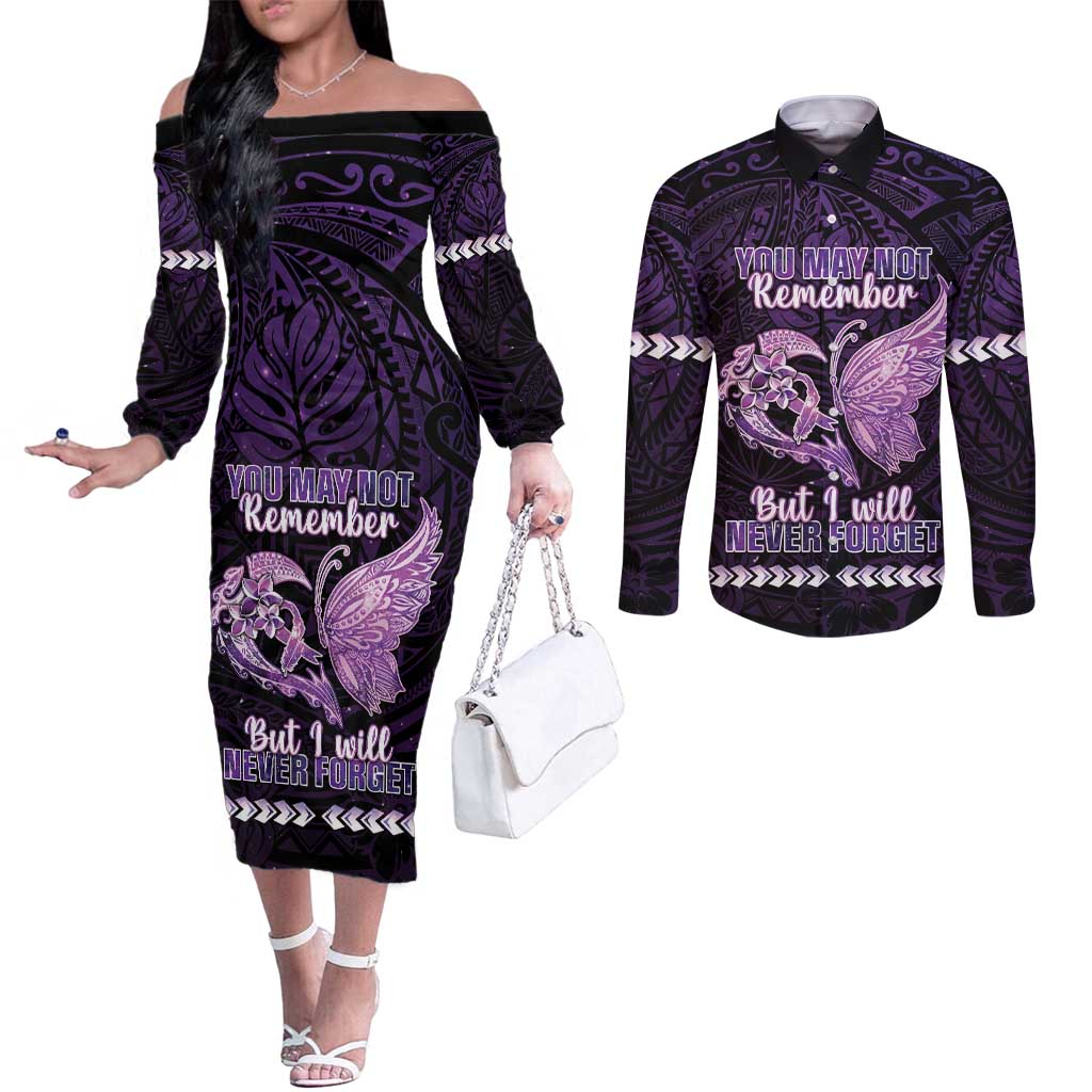 Personalised Alzheimer's Awareness Couples Matching Off The Shoulder Long Sleeve Dress and Long Sleeve Button Shirt You May Not Remember But I Will Never Forget