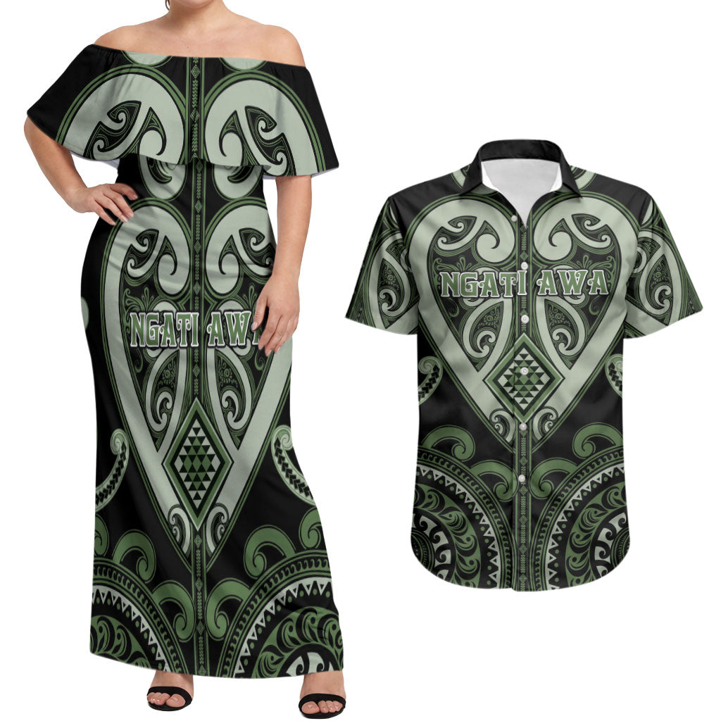 Custom Aotearoa Ngati Awa Couples Matching Off Shoulder Maxi Dress and Hawaiian Shirt Maori Tribal Pattern LT05 Green - Polynesian Pride