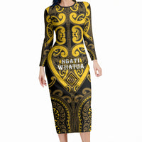 Custom Aotearoa Ngati Whatua Long Sleeve Bodycon Dress Maori Tribal Pattern LT05 Long Dress Yellow - Polynesian Pride