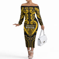 Custom Aotearoa Ngati Whatua Off The Shoulder Long Sleeve Dress Maori Tribal Pattern LT05 Women Yellow - Polynesian Pride