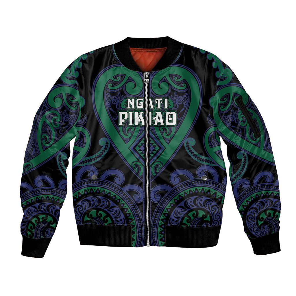 Custom Aotearoa Ngati Pikiao Sleeve Zip Bomber Jacket Maori Tribal Pattern LT05 Unisex Green - Polynesian Pride