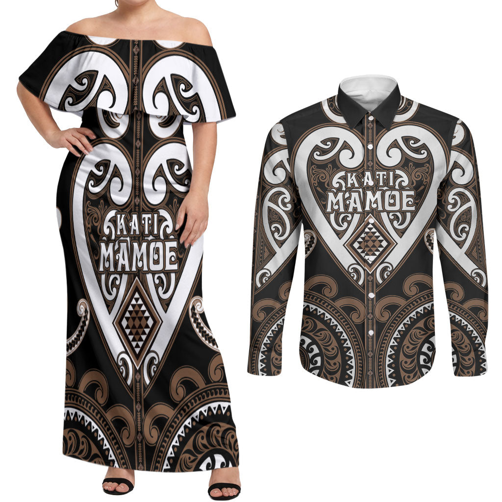 Custom Aotearoa Kati Mamoe Couples Matching Off Shoulder Maxi Dress and Long Sleeve Button Shirt Maori Tribal Pattern LT05 Brown - Polynesian Pride